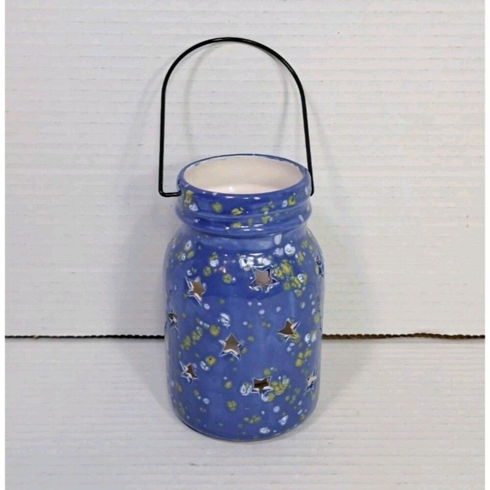 Blue Ceramic Rustic Lantern Candle Holder Stars Firefly Painting Jar w/ Handle